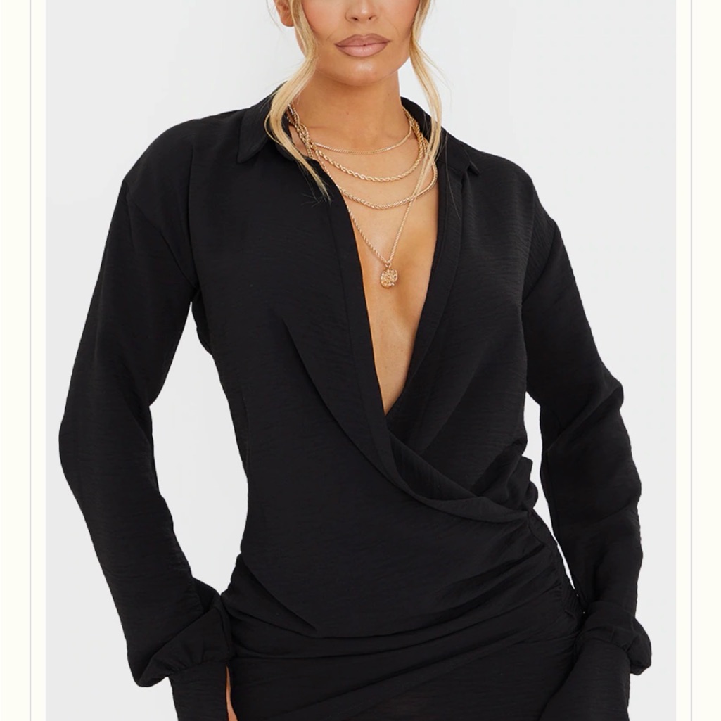 Prettylittlething Black Textured Woven Extreme Plunge Bell Cuff Shirt Dress